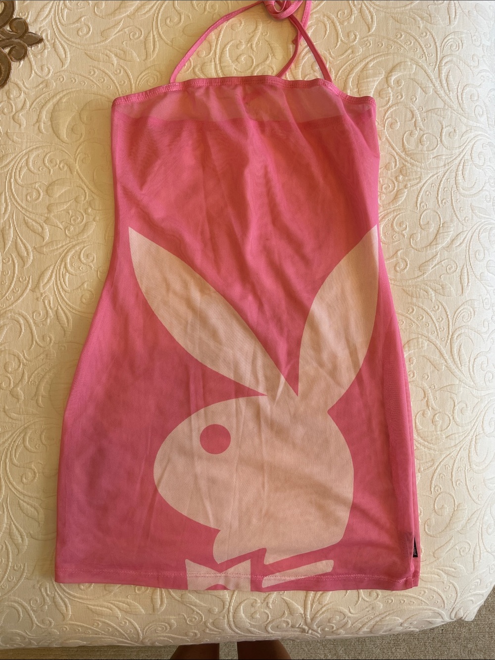 PLAYBOY Pink Sheer Halter Mini Dress with Bunny Motif